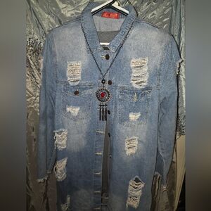 Distressed Blue Denim Jacket, T- Shirt & Necklace